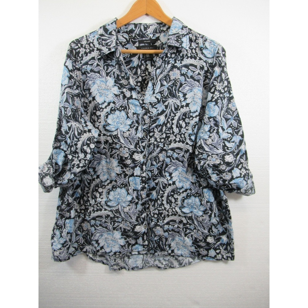 Tahari Linen Button Up Tunic Blouse Plus Size 1X Roll Tab Sleeve Floral